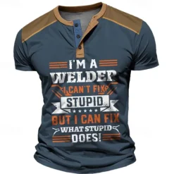 Best OUKU I'm a Welder I Can't Fix Stupid but I Can Fix What Stupid Does Men's Street Style 3D Print Henley Shirt Waffle T Shirt Sports Outdoor Casual Holiday T shirt Black Navy Blue Brown Short Sleeve Henley