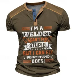 Best OUKU I'm a Welder I Can't Fix Stupid but I Can Fix What Stupid Does Men's Street Style 3D Print Henley Shirt Waffle T Shirt Sports Outdoor Casual Holiday T shirt Black Navy Blue Brown Short Sleeve Henley
