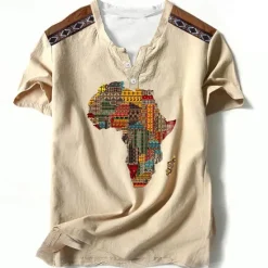 Hot OUKU Independence Day Map Of Africa Mens Graphic Shirt Tribal Prints Designer Classic Casual 3D Tee Henley Vintage Outdoor Daily Vacation Light Brown Blue African Cotton