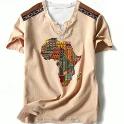 Hot OUKU Independence Day Map Of Africa Mens Graphic Shirt Tribal Prints Designer Classic Casual 3D Tee Henley Vintage Outdoor Daily Vacation Light Brown Blue African Cotton