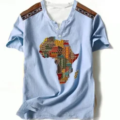 Hot OUKU Independence Day Map Of Africa Mens Graphic Shirt Tribal Prints Designer Classic Casual 3D Tee Henley Vintage Outdoor Daily Vacation Light Brown Blue African Cotton