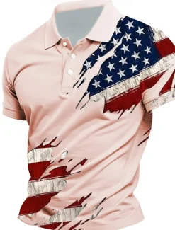 Clearance OUKU Independence Day Men's American US Flag Polo Short Sleeves Lapel Casual Daily Sports & Outdoor Athleisure Festival Buttons Summer Pink White Sky Blue