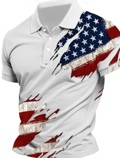 Clearance OUKU Independence Day Men's American US Flag Polo Short Sleeves Lapel Casual Daily Sports & Outdoor Athleisure Festival Buttons Summer Pink White Sky Blue