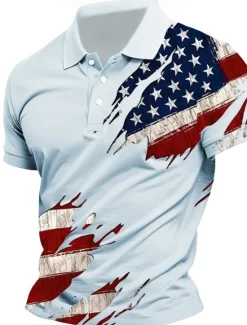 Clearance OUKU Independence Day Men's American US Flag Polo Short Sleeves Lapel Casual Daily Sports & Outdoor Athleisure Festival Buttons Summer Pink White Sky Blue