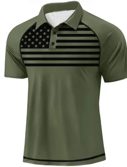 OUKU Independence Day Men's American US Flag Polo Short Sleeve Polo Shirts Polo Collar Sporty Casual Daily Casual Festival Buttons 3D Print Raglan Sleeves Summer White Navy Blue Military Green