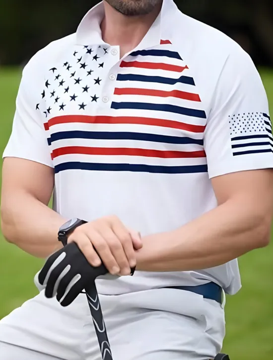 OUKU Independence Day Men's American US Flag Polo Short Sleeve Polo Shirts Polo Collar Sporty Casual Daily Casual Festival Buttons 3D Print Raglan Sleeves Summer White Navy Blue Military Green