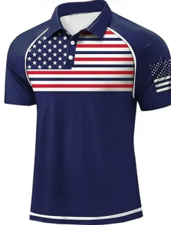 OUKU Independence Day Men's American US Flag Polo Short Sleeve Polo Shirts Polo Collar Sporty Casual Daily Casual Festival Buttons 3D Print Raglan Sleeves Summer White Navy Blue Military Green