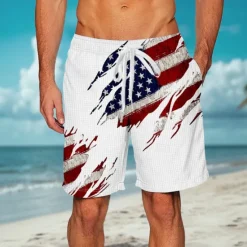 New OUKU Independence Day Men's American US Flag Patriotic Fourth of July Waffle Shorts Sweat Shorts Casual Shorts Mid Waist Fashion Casual Holiday Festival Elastic Drawstring Waist Shorts with Pockets