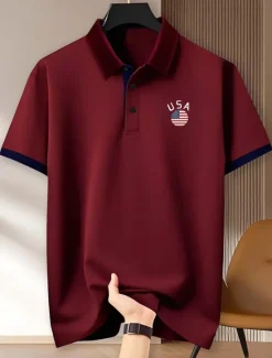 Clearance OUKU Independence Day Men's American US Flag Golf Shirt Short Sleeve Polo Shirts Polo Collar Casual Comfortable Casual Daily Wear Festival Buttons Summer Black Red Navy Blue