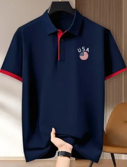 Clearance OUKU Independence Day Men's American US Flag Golf Shirt Short Sleeve Polo Shirts Polo Collar Casual Comfortable Casual Daily Wear Festival Buttons Summer Black Red Navy Blue