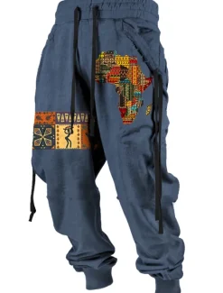 New OUKU Independence Day Mens Graphic Pants Tribal Bandana Print Vintage 3D Sweatpants Trousers Outdoor Street Casual Daily Polyester Black Red Blue Mid Waist Elasticity Vavavava Harem Brown Cotton Africa