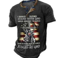 Clearance OUKU Independence Day Mens Graphic Shirt Henley Cross Faith National Flag Clothing Apparel 3D Print Outdoor Daily Short Sleeve Button Down Fashion Designer Would Rather Stand With God Be Judged By World Th