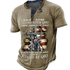 Clearance OUKU Independence Day Mens Graphic Shirt Henley Cross Faith National Flag Clothing Apparel 3D Print Outdoor Daily Short Sleeve Button Down Fashion Designer Would Rather Stand With God Be Judged By World Th