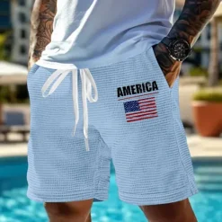 Best OUKU Independence Day Men's US Flag Patriotic Waffle Shorts Sweat Shorts Casual Shorts Mid Waist Fashion Casual Vacation Jogging Workout Elastic Drawstring Waist Shorts with Pockets Designer Clothing