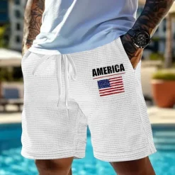 Best OUKU Independence Day Men's US Flag Patriotic Waffle Shorts Sweat Shorts Casual Shorts Mid Waist Fashion Casual Vacation Jogging Workout Elastic Drawstring Waist Shorts with Pockets Designer Clothing