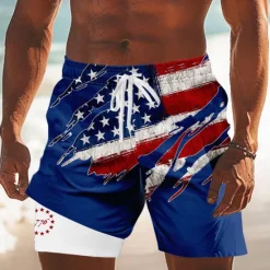 New OUKU Independence Day Men's US Flag Patriotic Fourth of July Lined Shorts 2 in 1 Board Shorts Swim Trunks Mid Waist Holiday Side Pockets With Compression Liner Elastic Drawstring Waist Designer Clothing