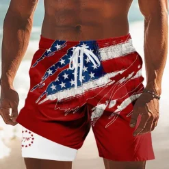 New OUKU Independence Day Men's US Flag Patriotic Fourth of July Lined Shorts 2 in 1 Board Shorts Swim Trunks Mid Waist Holiday Side Pockets With Compression Liner Elastic Drawstring Waist Designer Clothing