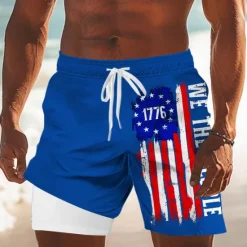 New OUKU Independence Day Men's US Flag Patriotic Fourth of July Lined Shorts 2 in 1 Board Shorts Swim Shorts Mid Waist Holiday Side Pockets With Compression Liner Elastic Drawstring Waist Designer Clothing