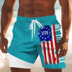 New OUKU Independence Day Men's US Flag Patriotic Fourth of July Lined Shorts 2 in 1 Board Shorts Swim Shorts Mid Waist Holiday Side Pockets With Compression Liner Elastic Drawstring Waist Designer Clothing