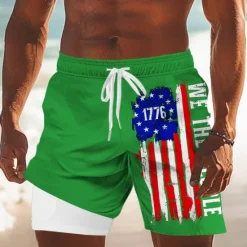 New OUKU Independence Day Men's US Flag Patriotic Fourth of July Lined Shorts 2 in 1 Board Shorts Swim Shorts Mid Waist Holiday Side Pockets With Compression Liner Elastic Drawstring Waist Designer Clothing