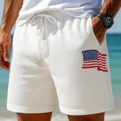 Hot OUKU Independence Day Men's US Flag Patriotic Waffle Shorts Sweat Shorts Casual Shorts Mid Waist Fashion Casual Vacation Jogging Workout Elastic Drawstring Waist Shorts with Pockets Designer Clothing