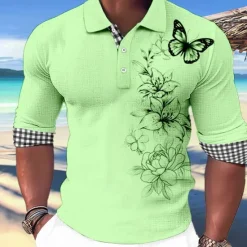 Online OUKU Kentucky Derby Men's Butterfly Hawaiian Polo Shirts Golf Shirt Long Sleeve Polo Shirts Collared Shirts Casual Beach Wear Vacation Wear Party Outfits Buttons 3D Print White Pink Blue