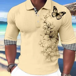 Online OUKU Kentucky Derby Men's Butterfly Hawaiian Polo Shirts Golf Shirt Long Sleeve Polo Shirts Collared Shirts Casual Beach Wear Vacation Wear Party Outfits Buttons 3D Print White Pink Blue