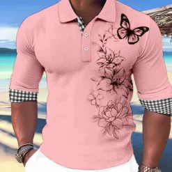 Online OUKU Kentucky Derby Men's Butterfly Hawaiian Polo Shirts Golf Shirt Long Sleeve Polo Shirts Collared Shirts Casual Beach Wear Vacation Wear Party Outfits Buttons 3D Print White Pink Blue