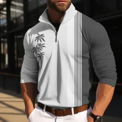 New OUKU Kentucky Derby Men's Coconut Tree Stripes Polo Shirts Golf Polos Shirts Long Sleeve Polo Shirts Zip Lapel Business Outdoor Casual Daily Streetwear 3D Print Fall & Winter Wine Blue Gray