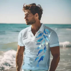New OUKU Kentucky Derby Men's Fish Hawaiian Polo Shirts Golf Shirt Short Sleeve Polo Shirts Collared Shirts Casual Beach Wear Vacation Wear Tropical Wear Party Outfits Buttons 3D Print Summer White Blue Light