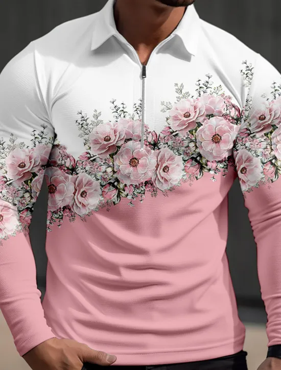 Outlet OUKU Kentucky Derby Men's Floral Hawaiian Polo Shirts Golf Shirt Long Sleeve Polo Shirts Collared Shirts Casual Beach Wear Vacation Wear Tropical Wear Party Outfits 3D Print Quarter Zip Polo Fall & Winter