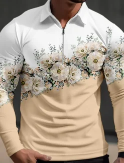 Outlet OUKU Kentucky Derby Men's Floral Hawaiian Polo Shirts Golf Shirt Long Sleeve Polo Shirts Collared Shirts Casual Beach Wear Vacation Wear Tropical Wear Party Outfits 3D Print Quarter Zip Polo Fall & Winter