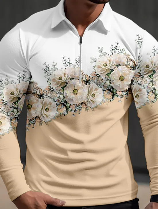 Outlet OUKU Kentucky Derby Men's Floral Hawaiian Polo Shirts Golf Shirt Long Sleeve Polo Shirts Collared Shirts Casual Beach Wear Vacation Wear Tropical Wear Party Outfits 3D Print Quarter Zip Polo Fall & Winter