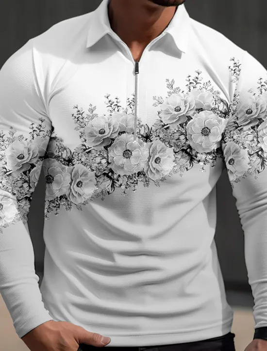 Outlet OUKU Kentucky Derby Men's Floral Hawaiian Polo Shirts Golf Shirt Long Sleeve Polo Shirts Collared Shirts Casual Beach Wear Vacation Wear Tropical Wear Party Outfits 3D Print Quarter Zip Polo Fall & Winter