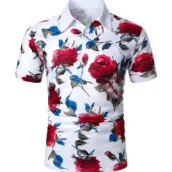 New OUKU Kentucky Derby Men's Floral Button Up Shirt Hawaiian Polo Shirts Golf Shirt Short Sleeve Polo Shirts Collared Shirts Casual Beach Wear Vacation Wear Tropical Wear Party Outfits Buttons 3D Print White