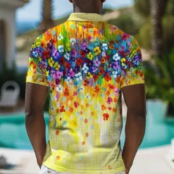 OUKU Kentucky Derby Men's Golf Shirt Short Sleeve Polo Shirts Collared Shirts Casual Beach Wear Vacation Wear Tropical Wear Party Outfits Buttons 3D Print Summer Spring Yellow Blue
