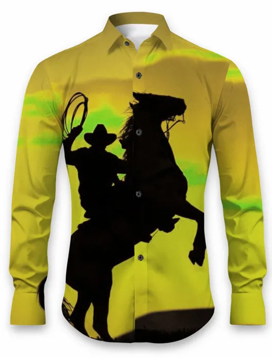 Outlet OUKU Kentucky Derby Men's Horse Shirt Western Shirt Cowboy Shirt Long Sleeve Casual Daily Wear Going out Fall & Winter Turndown Print Button-Down Orange Green