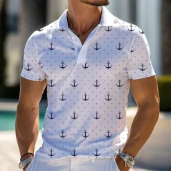 OUKU Kentucky Derby Men's Nautical Hawaiian Polo Shirts Golf Shirt Short Sleeve Polo Shirts Collared Shirts Beach Wear Vacation Wear Tropical Wear Party Outfits Buttons 3D Print Spring & Summer White Blue