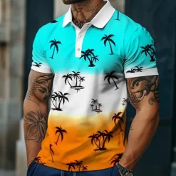 Best OUKU Kentucky Derby Men's Palm Tree Hawaiian Polo Shirts Golf Shirt Short Sleeve Polo Shirts Collared Shirts Casual Beach Wear Vacation Wear Tropical Wear Party Outfits Buttons 3D Print Summer Blue Green