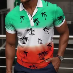 Best OUKU Kentucky Derby Men's Palm Tree Hawaiian Polo Shirts Golf Shirt Short Sleeve Polo Shirts Collared Shirts Casual Beach Wear Vacation Wear Tropical Wear Party Outfits Buttons 3D Print Summer Blue Green