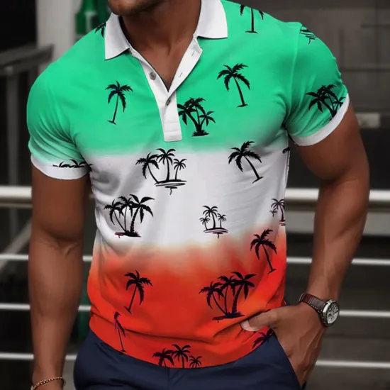 Best OUKU Kentucky Derby Men's Palm Tree Hawaiian Polo Shirts Golf Shirt Short Sleeve Polo Shirts Collared Shirts Casual Beach Wear Vacation Wear Tropical Wear Party Outfits Buttons 3D Print Summer Blue Green