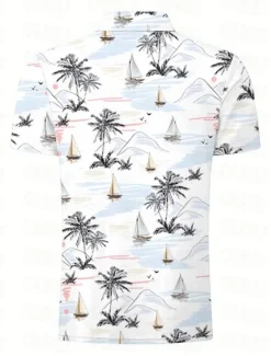 Discount OUKU Kentucky Derby Men's Palm Tree Hawaiian Polo Shirts Golf Shirt Short Sleeve Polo Shirts Collared Shirts Casual Beach Wear Vacation Wear Tropical Wear Party Outfits Buttons 3D Print Summer White Pink
