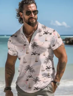 Discount OUKU Kentucky Derby Men's Palm Tree Hawaiian Polo Shirts Golf Shirt Short Sleeve Polo Shirts Collared Shirts Casual Beach Wear Vacation Wear Tropical Wear Party Outfits Buttons 3D Print Summer White Pink