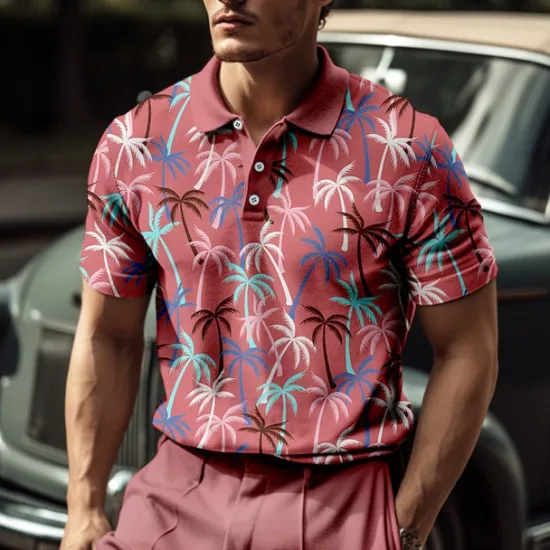 Clearance OUKU Kentucky Derby Men's Palm Tree Hawaiian Polo Shirts Golf Shirt Short Sleeve Polo Shirts Collared Shirts Casual Beach Wear Vacation Wear Tropical Wear Party Outfits Buttons 3D Print Blue-Green Pink