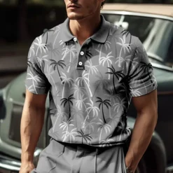 Clearance OUKU Kentucky Derby Men's Palm Tree Hawaiian Polo Shirts Golf Shirt Short Sleeve Polo Shirts Collared Shirts Casual Beach Wear Vacation Wear Tropical Wear Party Outfits Buttons 3D Print Blue-Green Pink
