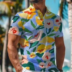 Discount OUKU Kentucky Derby Men's Palm Tree Hawaiian Polo Shirts Golf Shirt Short Sleeve Polo Shirts Collared Shirts Beach Wear Vacation Wear Tropical Wear Party Outfits Buttons 3D Print Spring & Summer Yellow