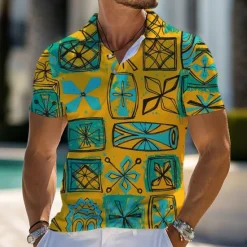 Discount OUKU Kentucky Derby Men's Palm Tree Hawaiian Polo Shirts Golf Shirt Short Sleeve Polo Shirts Collared Shirts Beach Wear Vacation Wear Tropical Wear Party Outfits Buttons 3D Print Spring & Summer Yellow