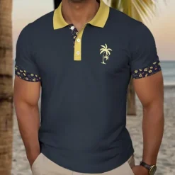 OUKU Kentucky Derby Men's Plaid Palm Tree Golf Shirt Short Sleeve Polo Shirts Collared Shirts Casual Beach Wear Vacation Wear Tropical Wear Party Outfits Buttons 3D Print Summer Black White Navy Blue