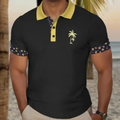 OUKU Kentucky Derby Men's Plaid Palm Tree Golf Shirt Short Sleeve Polo Shirts Collared Shirts Casual Beach Wear Vacation Wear Tropical Wear Party Outfits Buttons 3D Print Summer Black White Navy Blue