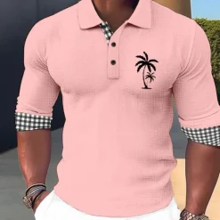 Online OUKU Kentucky Derby Men's Plaid Palm Tree Hawaiian Polo Shirts Golf Shirt Long Sleeve Polo Shirts Collared Shirts Casual Beach Wear Vacation Wear Tropical Wear Party Outfits Buttons 3D Print White Pink